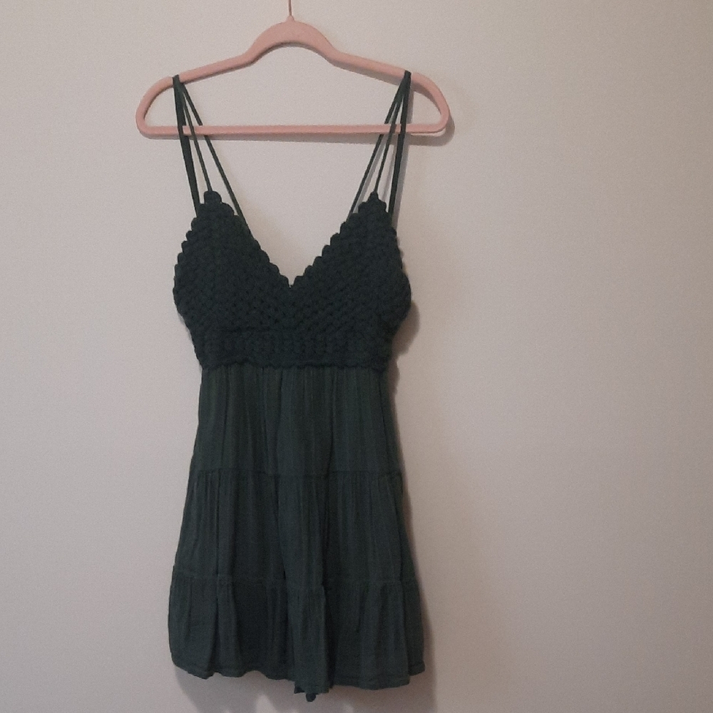 Aerie Green Crochet Tiered Mini Dress